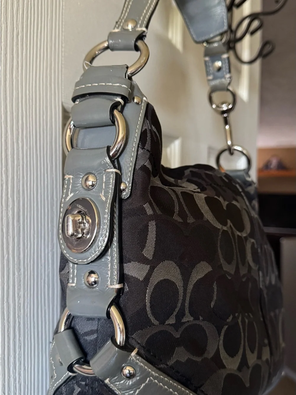 Coach Black Signature Carly Hobo Shoulder Bag with Silver Hardware